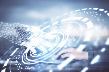 Teknoloji temalı dizüstü bilgisayarda çalışan bir adam. Büyük veri kavramı. Çift pozlama.