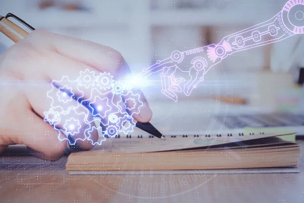 Schreibende Menschenhände mit Multibelichtungssymbolen zum Thema Daten. — Stockfoto