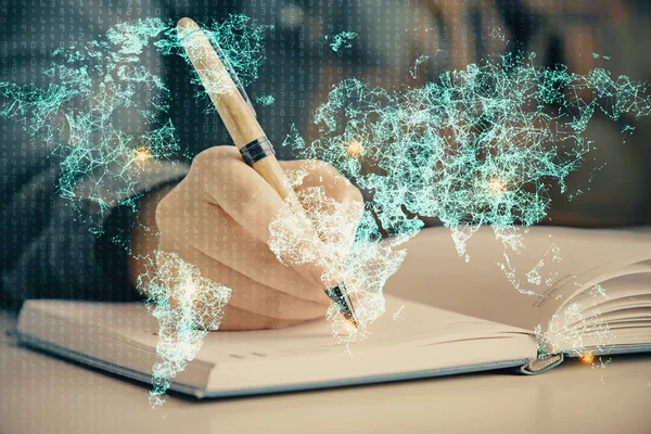 Stock image Social network theme hologram over hands taking notes background. Concept of global international people connect. Double exposure