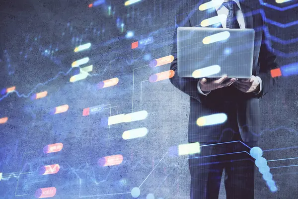 Dubbele blootstelling van data internet thema hologram met de man die werkt op de computer op de achtergrond. Begrip innovatie. — Stockfoto