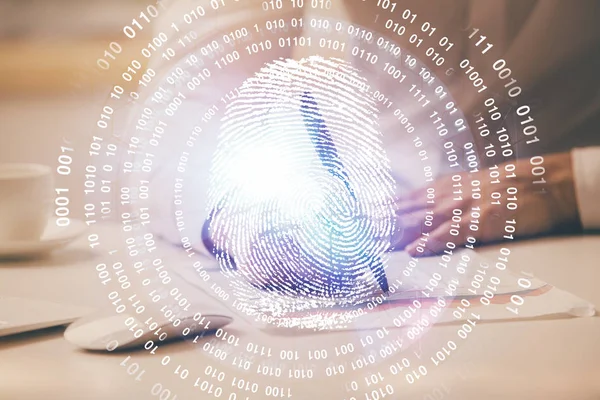 Fingerprint scan provides safe access with biometrics identification, concept of the future of security and password control through advanced technology. Double exposure.