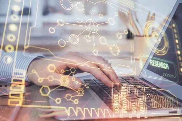 Affärsman som arbetar på laptop med teknik tema ritning. Begreppet big data. Dubbel exponering. — Stockfoto