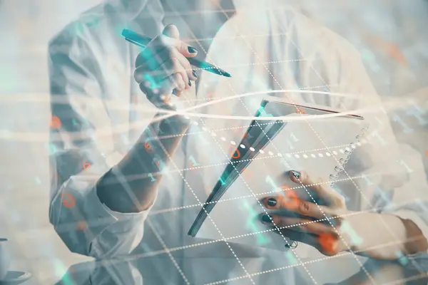 Finansal grafik el notları arka plan alarak üzerinde çizilmiş. Araştırma kavramı. Çoklu pozlama