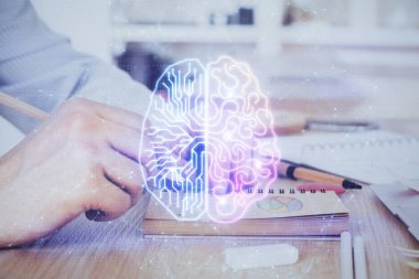 Erkek eli arka planına sahip beyin çoklu pozlama simgesi.