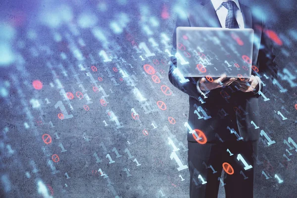 Double exposure of data internet theme hologram with man working on computer on background. Concept of innovation.