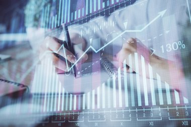 Finansal Forex grafik eller notları arka plan alarak görüntülenir. Araştırma kavramı. Çift Pozlama