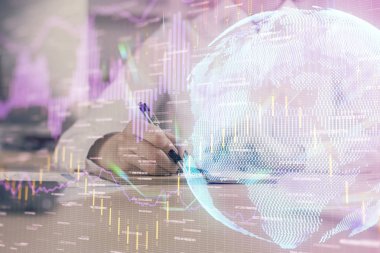 Finansal grafik el notları arka plan alarak üzerinde çizilmiş. Araştırma kavramı. Çoklu pozlama