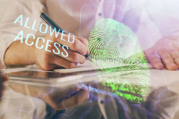 Fingeravtrycksläsning ger säker åtkomst med biometrisk identifiering, koncept för framtiden för säkerhet och lösenordskontroll genom avancerad teknik. Dubbel exponering. — Stockfoto