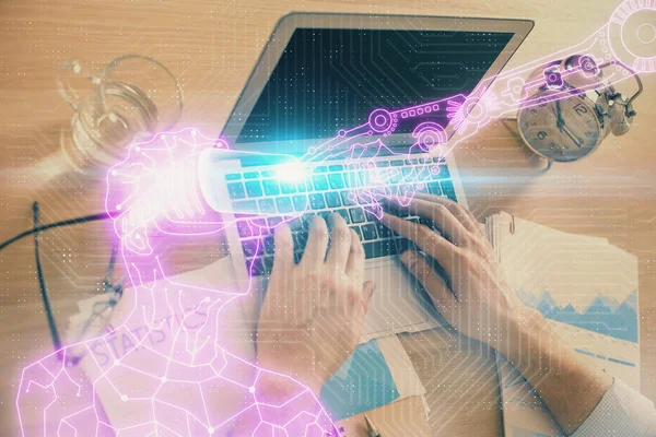 AR hologram with man working on computer on background. Augmented reality concept. Double exposure. — Stock Photo, Image