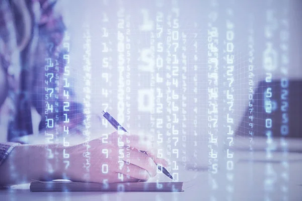 Doppia esposizione della mano di scrittura della donna su sfondo con data technology hud. Concetto Big Data. — Foto Stock