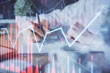 Finansal Forex grafik eller notları arka plan alarak görüntülenir. Araştırma kavramı. Çift Pozlama