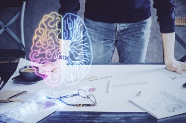 Haman beyin çift pozlama simgesi erkek eli arka planı.