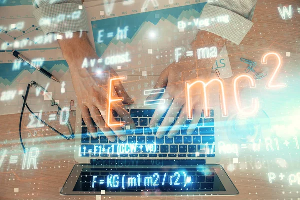 Science formula hologram with man working on computer on background. Education concept. Double exposure.