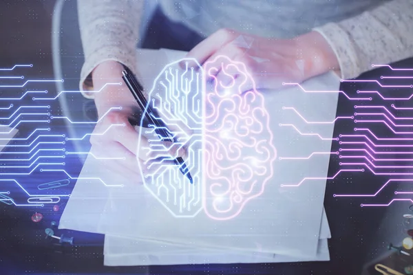 Doble exposición de la escritura mano sobre fondo con holograma cerebral. Concepto de aprendizaje. —  Fotos de Stock