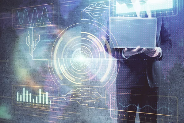 Dobbel eksponering av datanettets temahologram med en mann som jobber med en datamaskin på bakgrunn. Innovasjonsbegrep. – stockfoto
