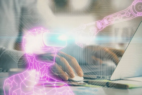 AR hologram with man working on computer on background. Augmented reality concept. Double exposure. — Stock Photo, Image