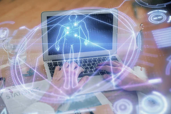 Science hologram with man working on computer on background. Concept of study. Double exposure. — Stock Photo, Image
