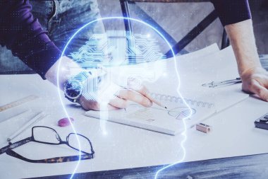 Çoklu pozlama beyin teması simgelerine sahip bir adam.