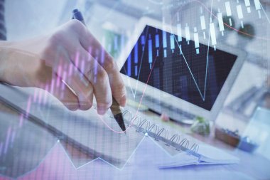 Finansal Forex grafiği el notları arka plan alarak çizilmiş. Araştırma kavramı. Çoklu pozlama