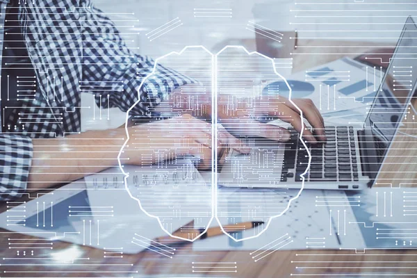 Man typt op toetsenbord achtergrond met hersenhologram. Concept van big data. Dubbele blootstelling. — Stockfoto
