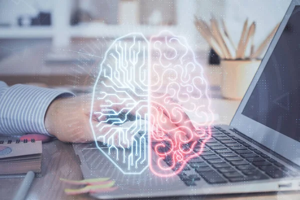 Man typt op toetsenbord achtergrond met hersenhologram. Concept van big data. Dubbele blootstelling. — Stockfoto