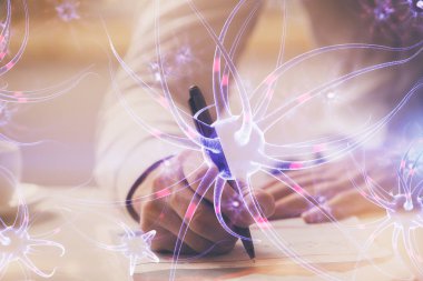 Birbirine bağlı nöron hücreleri, ışık saçan halka düğümleriyle elektrik darbeleriyle, insan geçmişiyle.