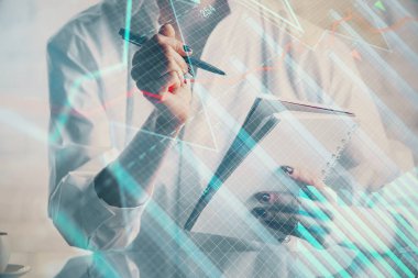 Finansal grafik el notları arka plan alarak üzerinde çizilmiş. Araştırma kavramı. Çoklu pozlama