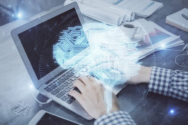 Double exposure of forex chart with man working on computer on background. Concept of market analysis. — Stock Photo, Image