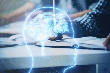 Çoklu pozlama yapay zeka beyin simgelerine sahip bir adam.