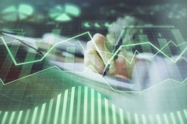 Finansal Forex grafik eller notları arka plan alarak görüntülenir. Araştırma kavramı. Çoklu pozlama