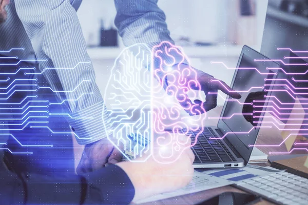 Man with computer background with brain theme hologram. Concept of brainstorm. Double exposure. — Stock Photo, Image