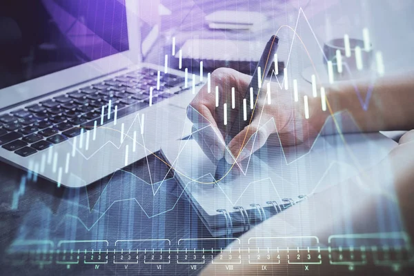 Forex diagram visas på kvinnans hand med anteckningar bakgrund. Begreppet forskning. Dubbel exponering — Stockfoto