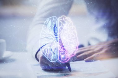 Çoklu pozlama beyin teması simgelerine sahip bir adam.