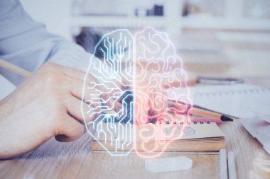 Erkek eli arka planına sahip beyin çoklu pozlama simgesi.