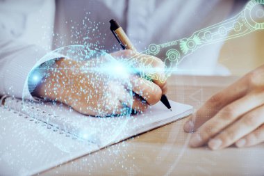 Teknoloji simgeleri ile adamın elini yazma.