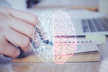 Haman beyin çoklu pozlama simgesi ve erkek eli arka planı.