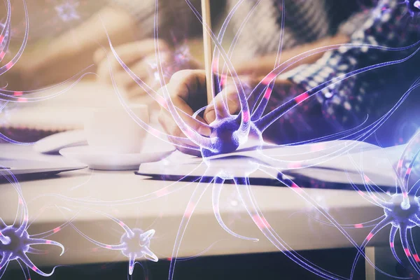 Células neuronais interconectadas com nós de link brilhante em pulsos elétricos com fundo de trabalho do homem. — Fotografia de Stock