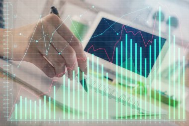 Finansal Forex grafiği el notları arka plan alarak çizilmiş. Araştırma kavramı. Çift Pozlama