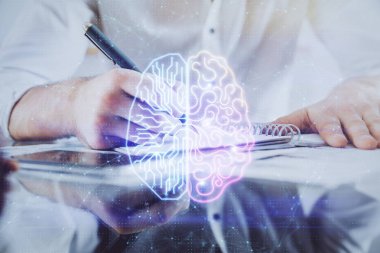 Çoklu pozlama yapay zeka beyin simgelerine sahip bir adam.