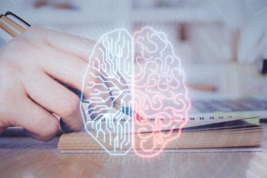 Haman beyin çoklu pozlama simgesi ve erkek eli arka planı.