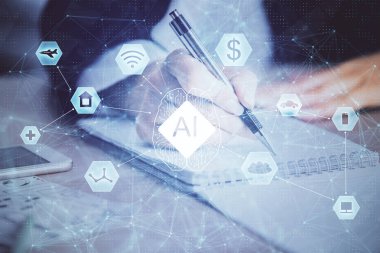 Veri teknolojisi hologramıyla arka planda el yazısının iki katına çıkarılması. Büyük veri kavramı.