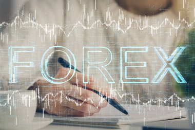 Forex grafiği, kadının elinde notlar alarak arka planda görüntülenir. Araştırma kavramı. Çoklu pozlama