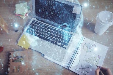 Erkek eli arka planına sahip beyin çoklu pozlama simgesi.