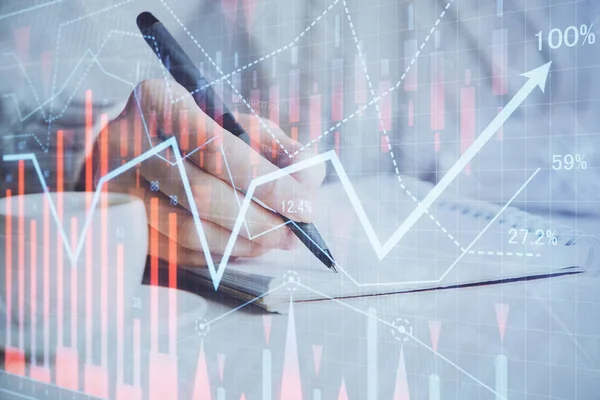 Gráfico de divisas que se muestra en la mano de la mujer tomando notas de fondo. Concepto de investigación. Doble exposición —  Fotos de Stock