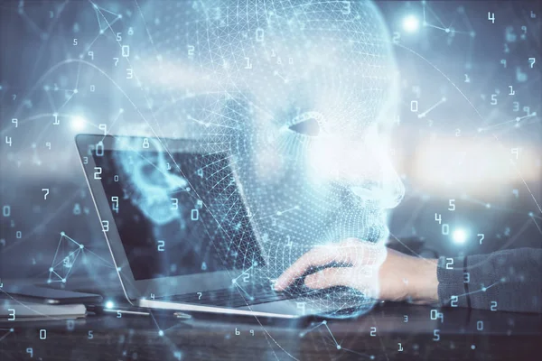 Homem digitando no fundo do teclado com holograma cerebral. Conceito de Big Data. Dupla exposição. — Fotografia de Stock