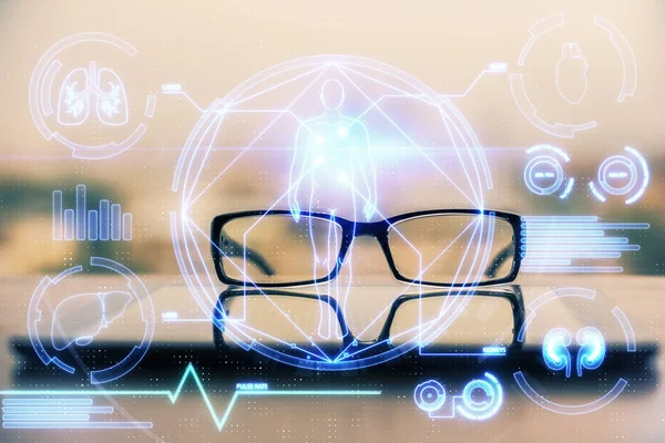 Science drawing with glasses on the table background. Concept of education. Double exposure.