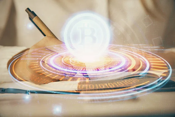 Kryptovaluta hologram över kvinnans händer skriva bakgrund. Begreppet blockchain. Dubbel exponering — Stockfoto