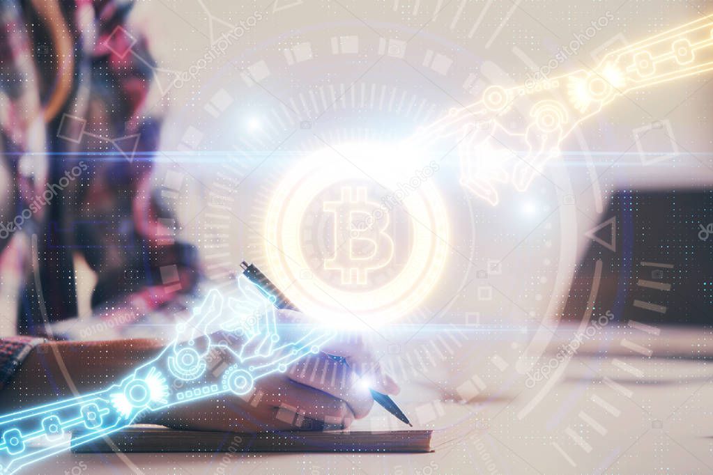 Cryptocurrency hologram over woman's hands writing background. Concept of blockchain. Multi exposure