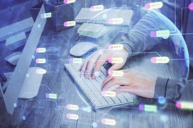 Bilgisayar arkaplanı üzerinde çalışan elleri olan iki kez teknolojik çizimlere maruz kalmış. Yenilik kavramı.