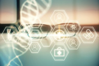 Masa arkasında gözlük olan DNA çizimi. Biyomühendislik kavramı. Çift pozlama.